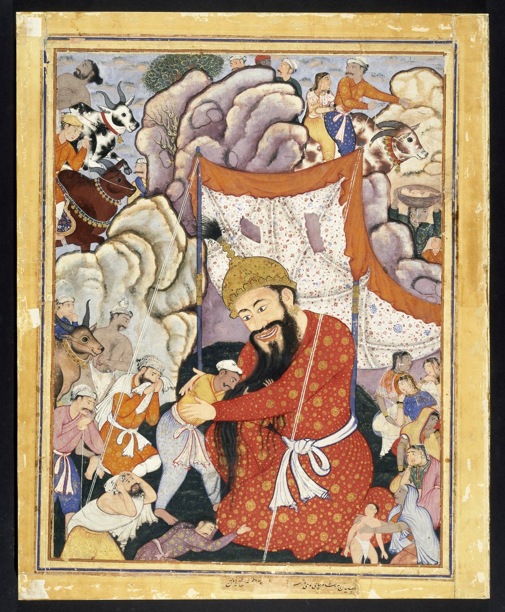 जुमुरूद शाह ने पहाड़ों में शरण ली, कै। 1570 (अपारदर्शी जल रंग और सूती कपड़े पर सोना) द्वारा इंडियन स्कूल