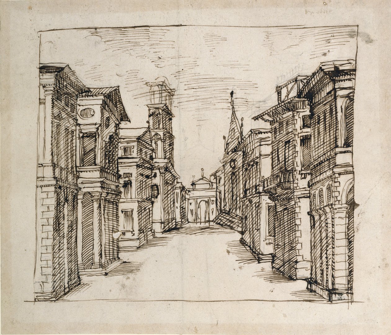 परिप्रेक्ष्य में एक सड़क, c.1617 (कागज पर कलम और स्याही) द्वारा Inigo जोन्स
