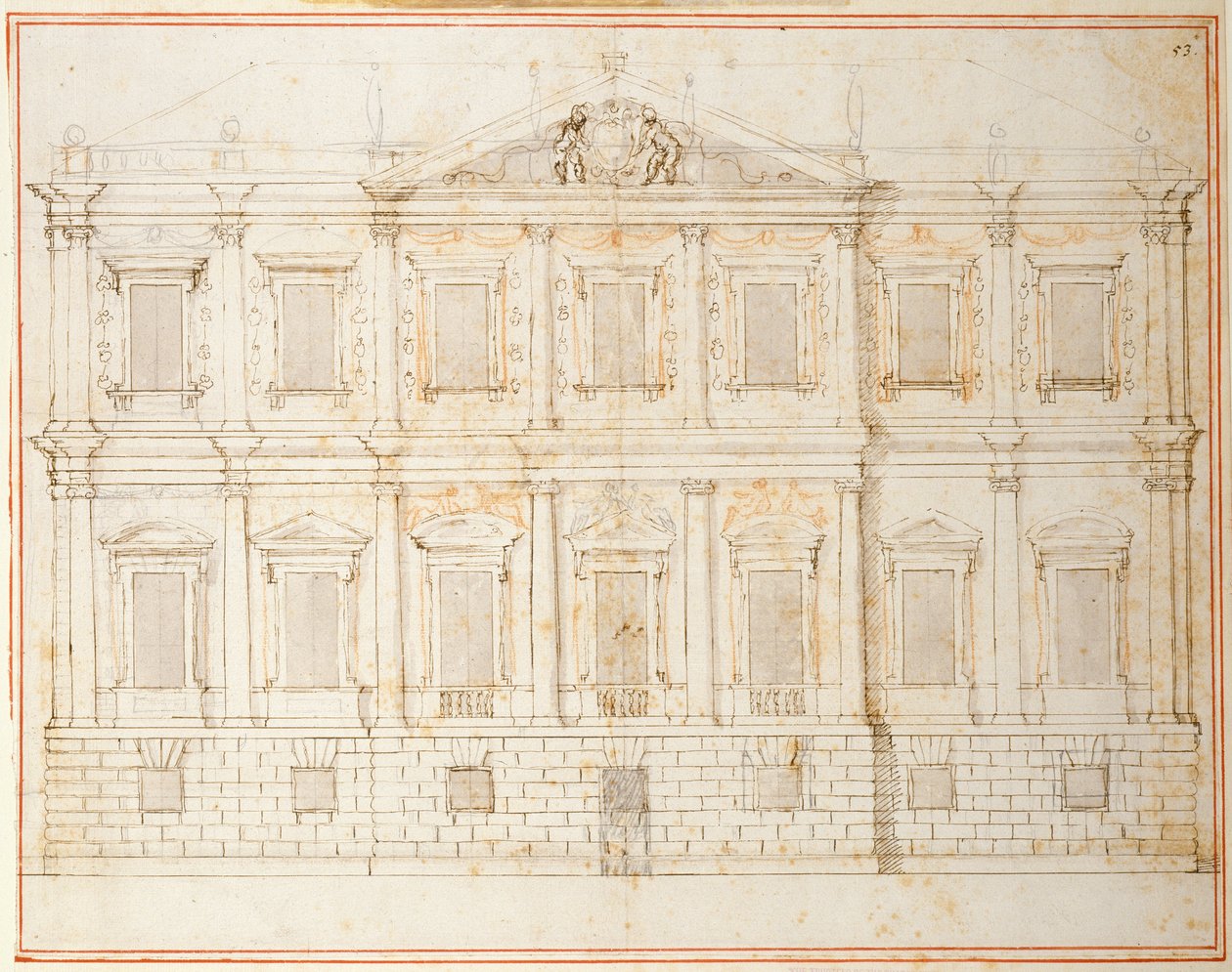 बैंक्वेटिंग हाउस, व्हाइटहॉल, c.1619 के लिए अंतिम डिजाइन की ऊंचाई (कागज पर कलम और स्याही) द्वारा Inigo जोन्स