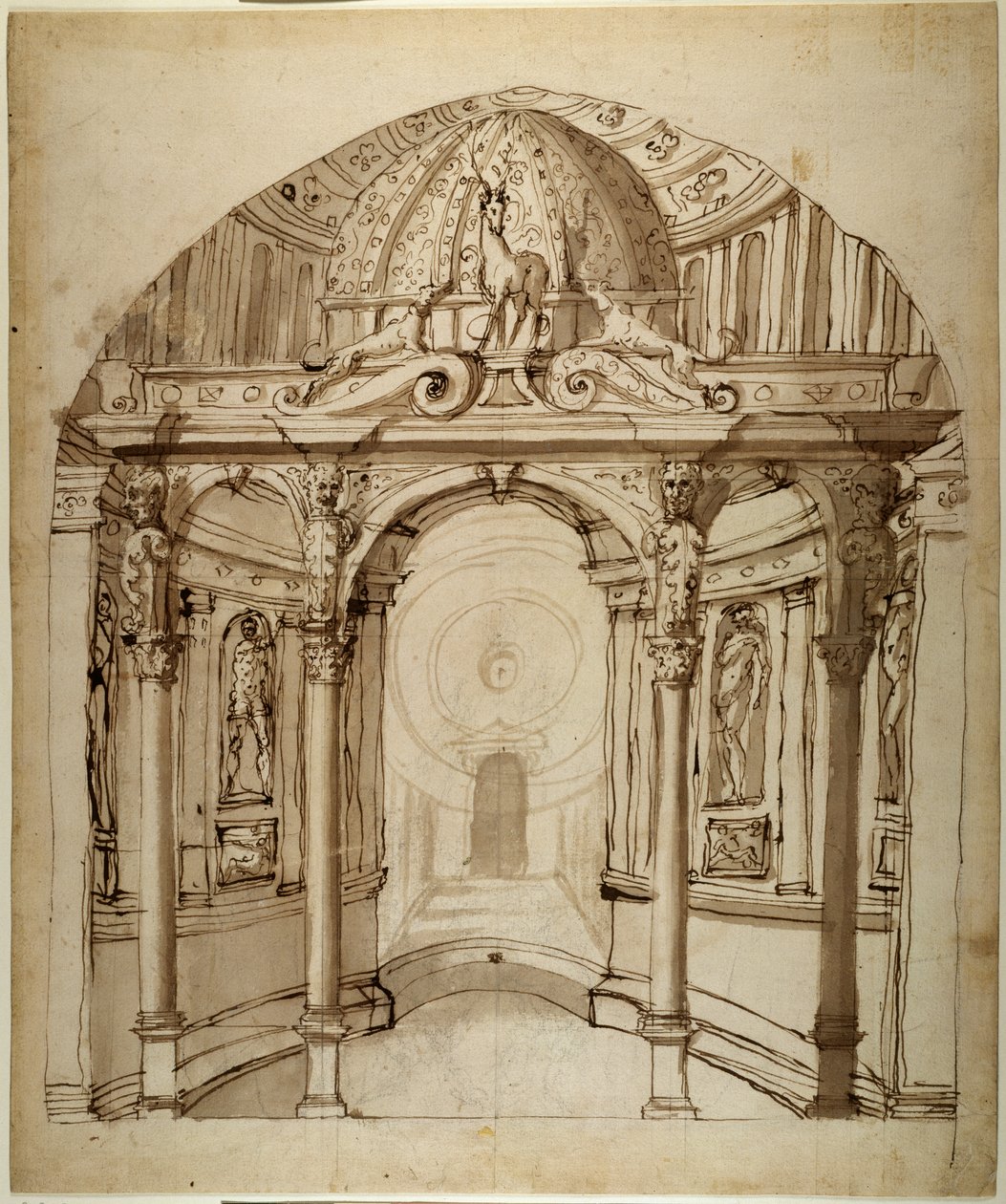महल का आंतरिक भाग, c.1611 (कागज पर कलम और स्याही) द्वारा Inigo जोन्स