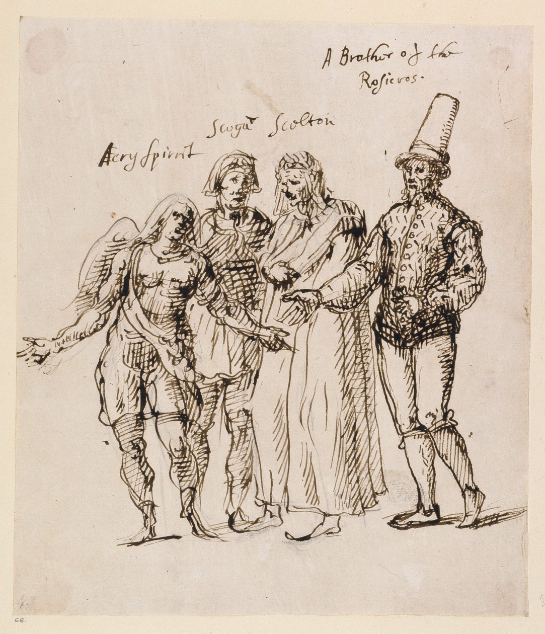 जोफिल, मेरेफूल, स्केल्टन और स्कोगन, c.1625 (कागज पर कलम और स्याही) द्वारा Inigo जोन्स
