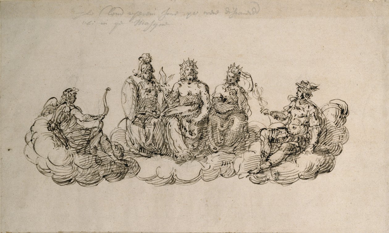 देवताओं के सीनेट के साथ जोव, c.1622 (कागज पर कलम और स्याही) द्वारा Inigo जोन्स