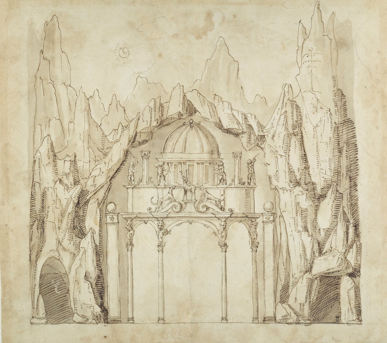 गुफा में महल, c.1611 (कागज पर कलम और स्याही) द्वारा Inigo जोन्स