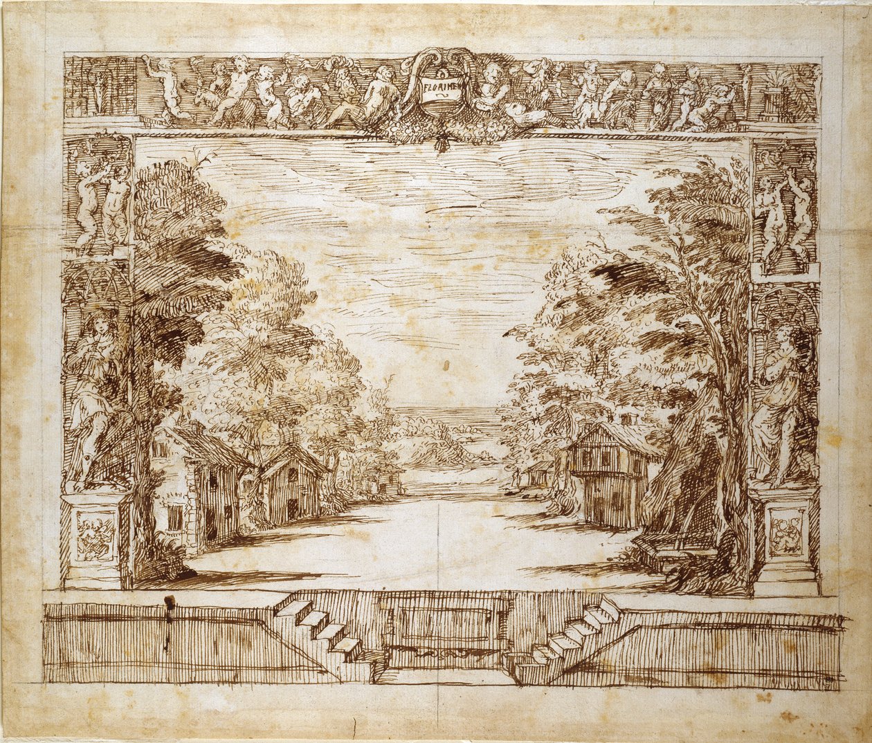 प्रोसेनियम और स्टैंडिंग सीन, c.1635 (कागज पर कलम और स्याही) द्वारा Inigo जोन्स