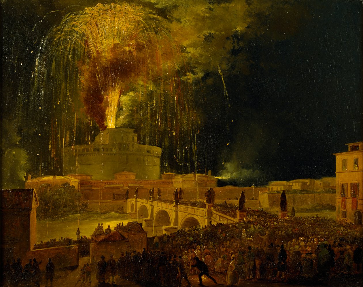ला गिरांडोला: रोम में Castel Sant'Angelo में आतिशबाजी, 1830 का दशक। द्वारा इपोलिटो कैफिक