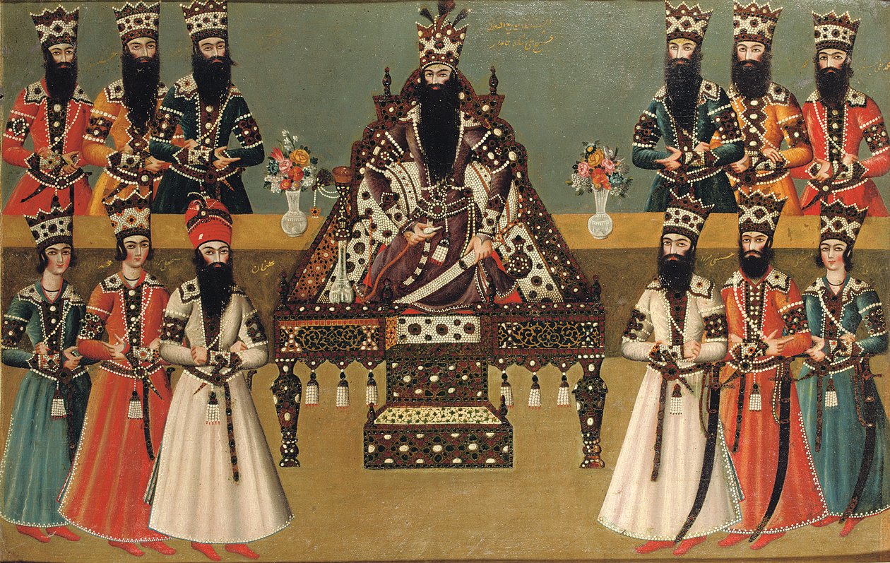 फथ ”अली शाह और उनके तत्काल दरबारियों, c.1815 द्वारा ईरानी स्कूल