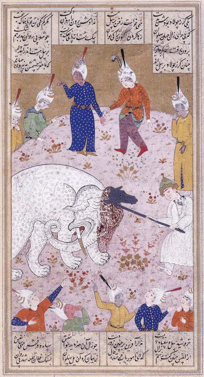 द यंग रुस्तम स्लेइंग द व्हाइट एलिफेंट, c.1545 द्वारा ईरानी स्कूल