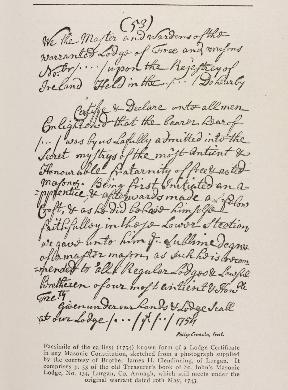 ग्रैंड लॉज, 1762 से सील के साथ सबसे पुराना ज्ञात प्रमाणपत्र (आयरिश) द्वारा आयरिश स्कूल