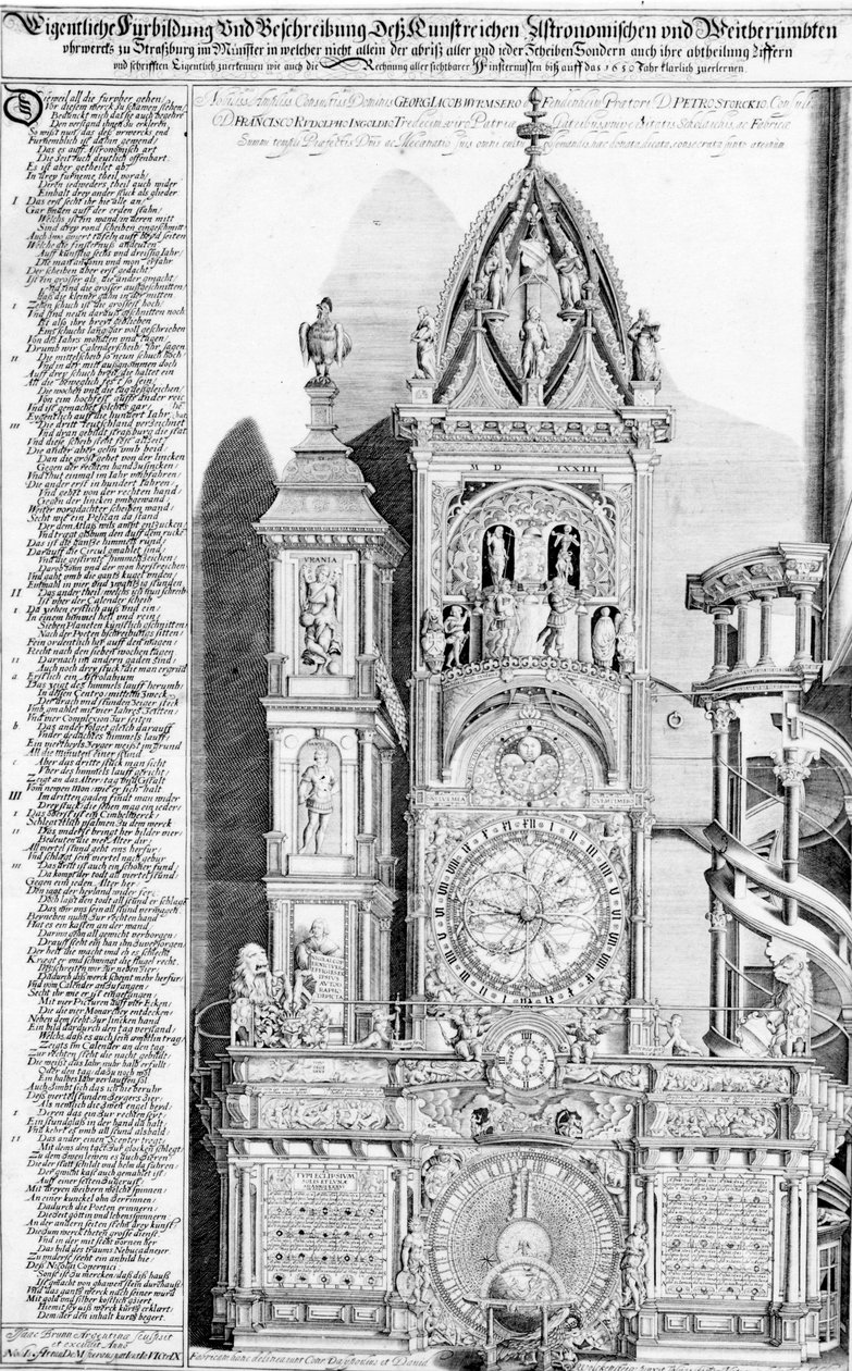 स्ट्रासबर्ग कैथेड्रल में खगोलीय घड़ी, 1621 (उत्कीर्णन और लेटरप्रेस) द्वारा फ्रांज इसाक ब्रून