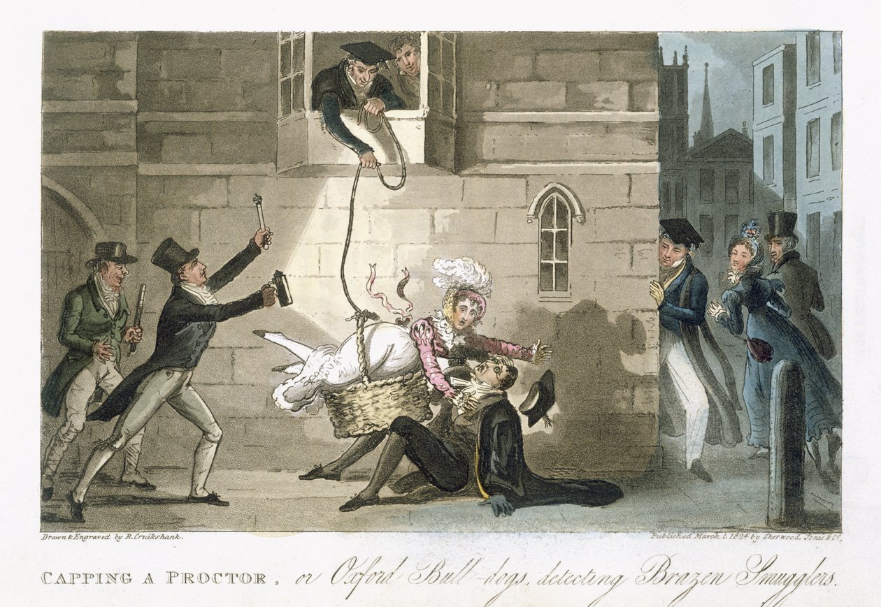 चार्ल्स मोल्लो वेस्टमाकोट (1788-1868) द्वारा लंदन, 1825 में प्रकाशित &39;द इंग्लिश स्पाई&39; से ब्रेज़न स्मगलर्स का पता लगाने वाले प्रॉक्टर या ऑक्सफोर्ड बुल डॉग्स को कैप करना द्वारा आइजैक रॉबर्ट क्रूइशांक