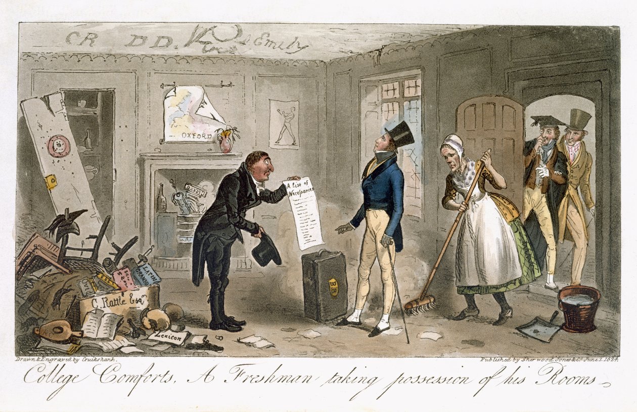 कॉलेज कम्फर्ट्स, चार्ल्स मोल्लो वेस्टमाकोट (1788-1868) द्वारा लंदन, 1825 में प्रकाशित &39;द इंग्लिश स्पाई&39; से अपने कमरों पर कब्जा करने वाला एक फ्रेशमैन। द्वारा आइजैक रॉबर्ट क्रूइशांक