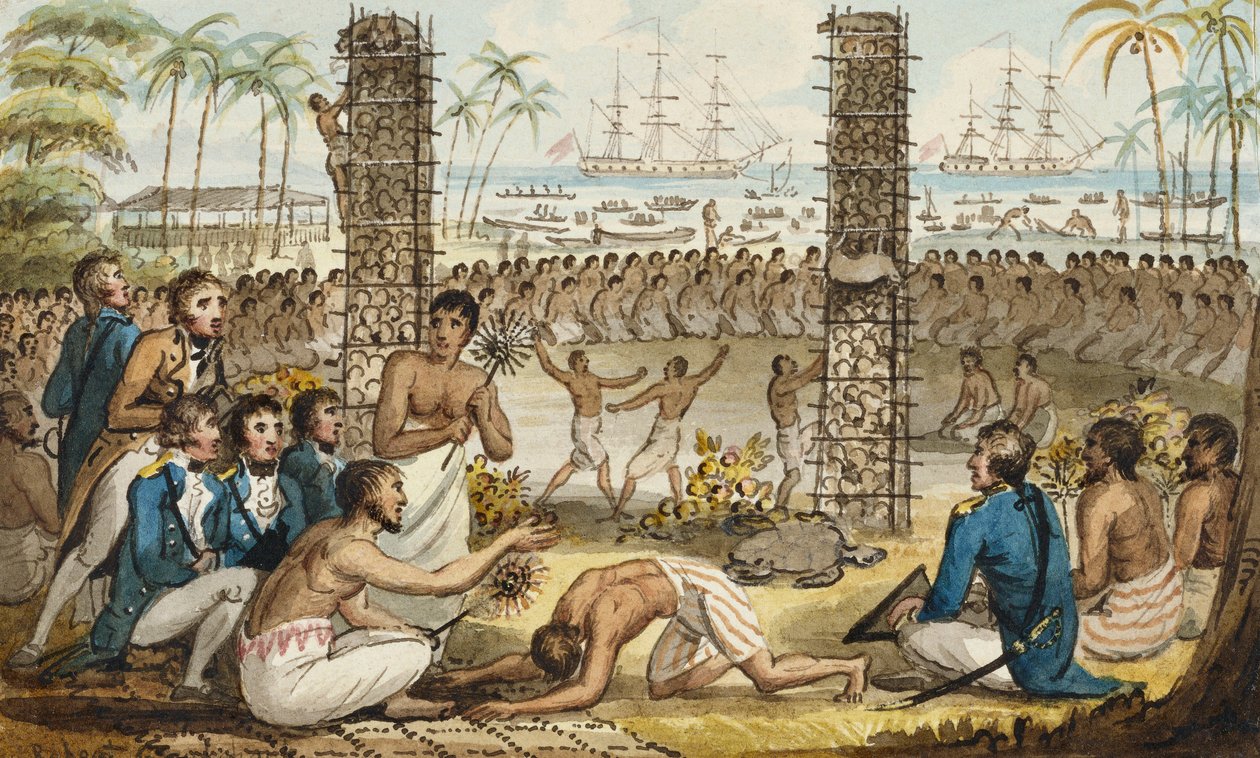 Otaheite के द्वीप पर कैप्टन कुक, "The Voyages of Captain Cook" द्वारा आइजैक रॉबर्ट क्रूइशांक