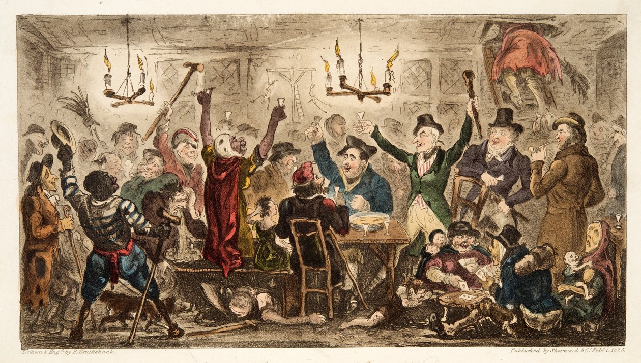अंग्रेजी जासूस, पब से एक कैडर्स केन में कोर्टर्स। 1824 (हाथ के रंग का उत्कीर्णन) द्वारा आइजैक रॉबर्ट क्रूइशांक