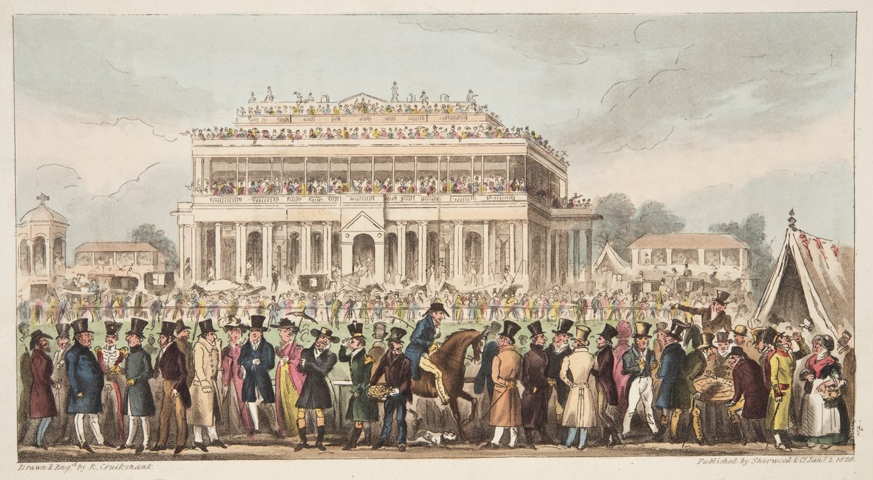 द डॉन स्पैस्टर रेस कोर्स, द ग्रेट स्पाई लेगर रेस, 1824 के दौरान, द इंग्लिश स्पाई, पब से। 1824 (हाथ के रंग का उत्कीर्णन) द्वारा आइजैक रॉबर्ट क्रूइशांक