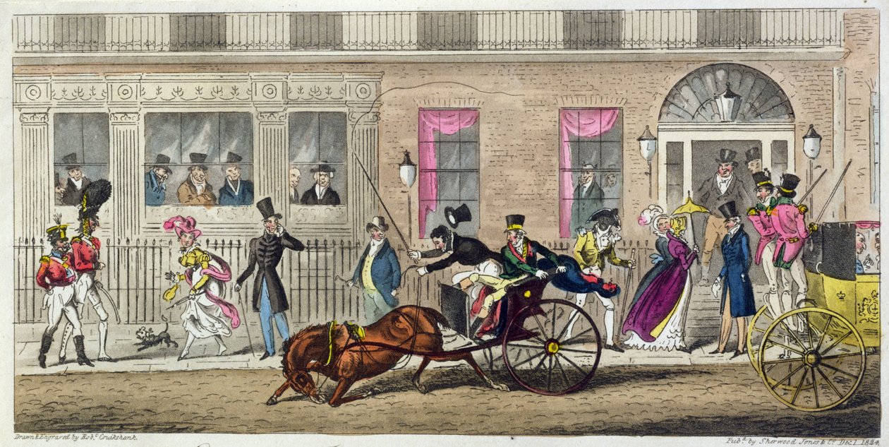 फिशमॉन्गर्स हॉल का बाहरी हिस्सा, एक नियमित ब्रेक डाउन, 1824 (एक्वाटिंट) द्वारा आइजैक रॉबर्ट क्रूइशांक