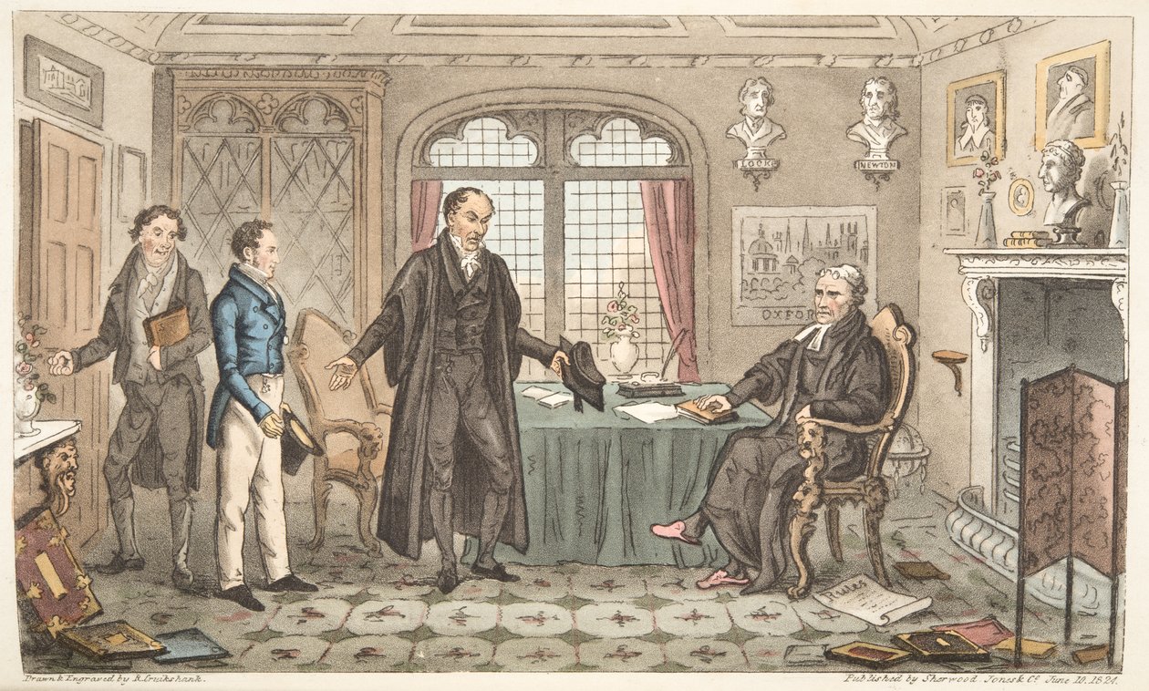 द इंग्लिश स्पाई से प्रकाशित लंदन, 1824 (हैंड कलर्ड एंग्रीविंग) से बिग विग के पहले अल्मा मेटर या बर्नार्ड ब्लैकमैंटल से पहले परिचय द्वारा आइजैक रॉबर्ट क्रूइशांक