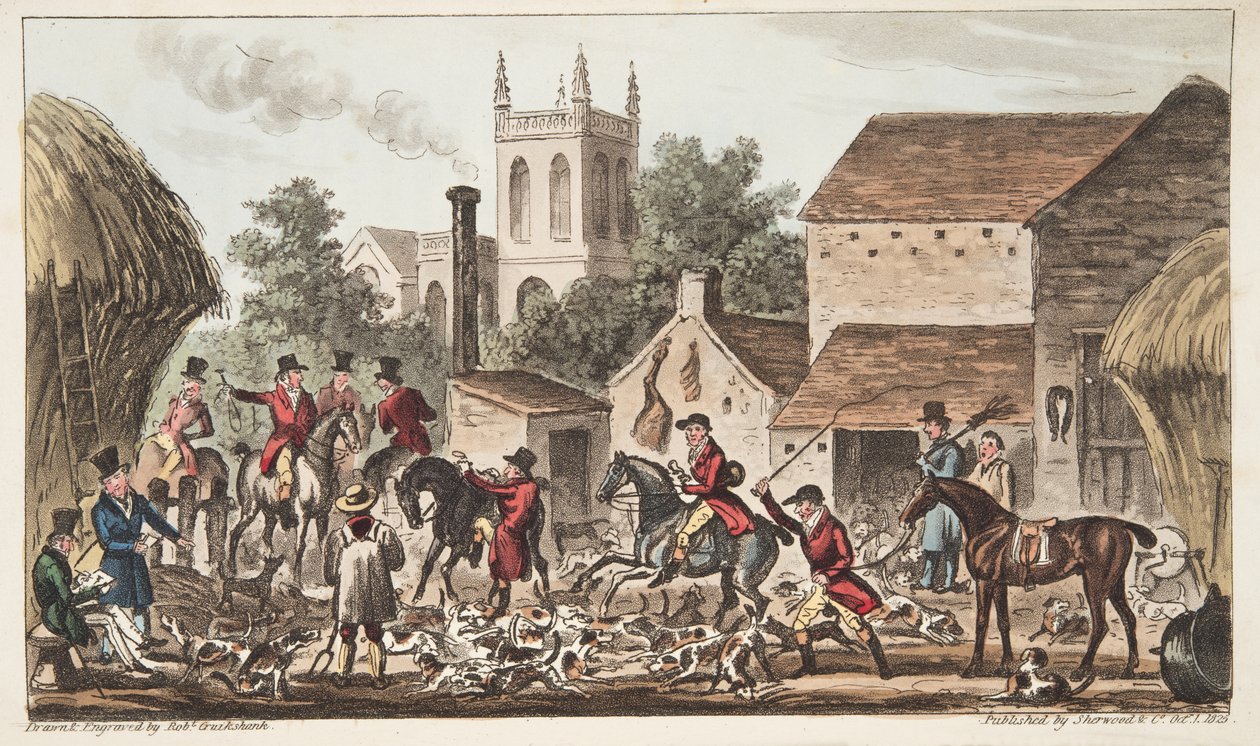 बाहर जाना; द इंग्लिश स्पाई द्वारा प्रकाशित बर्कले हंट केनेल का एक दृश्य, 1824 में प्रकाशित हुआ, (हाथ के रंग का उत्कीर्णन) द्वारा आइजैक रॉबर्ट क्रूइशांक