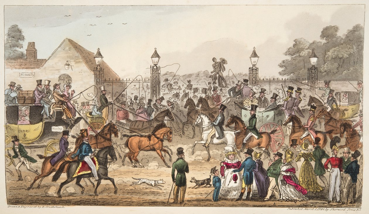 1824 में इंग्लिश स्पाई द्वारा प्रकाशित, (हैंड कलर्ड एनग्रेविंग), कॉकनी लैंड में द अराइवल या वेस्टर्न एंट्रेंस द्वारा आइजैक रॉबर्ट क्रूइशांक