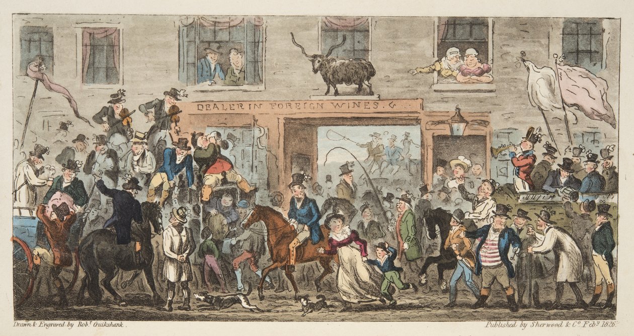अंग्रेजी जासूस, पब से हास्य जुलूस। 1824 (हाथ के रंग का उत्कीर्णन) ग्लूसेस्टर से बर्कले, द इंग्लिश स्पाई, पब से। 1824 (हाथ के रंग का उत्कीर्णन) द्वारा आइजैक रॉबर्ट क्रूइशांक