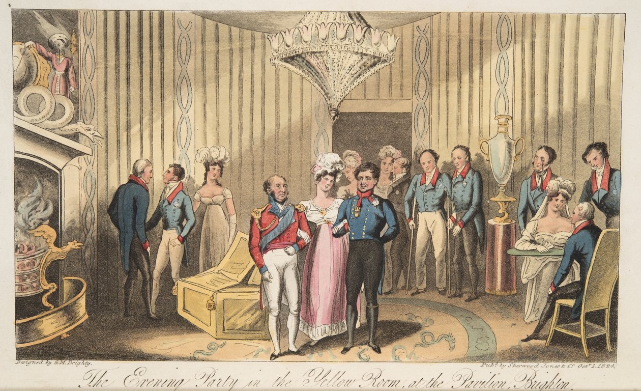 द इवनिंग पार्टी एट द पैवेलियन, ब्राइटन, द इंग्लिश स्पाई, पब। 1824 (हाथ के रंग का उत्कीर्णन) द्वारा आइजैक रॉबर्ट क्रूइशांक