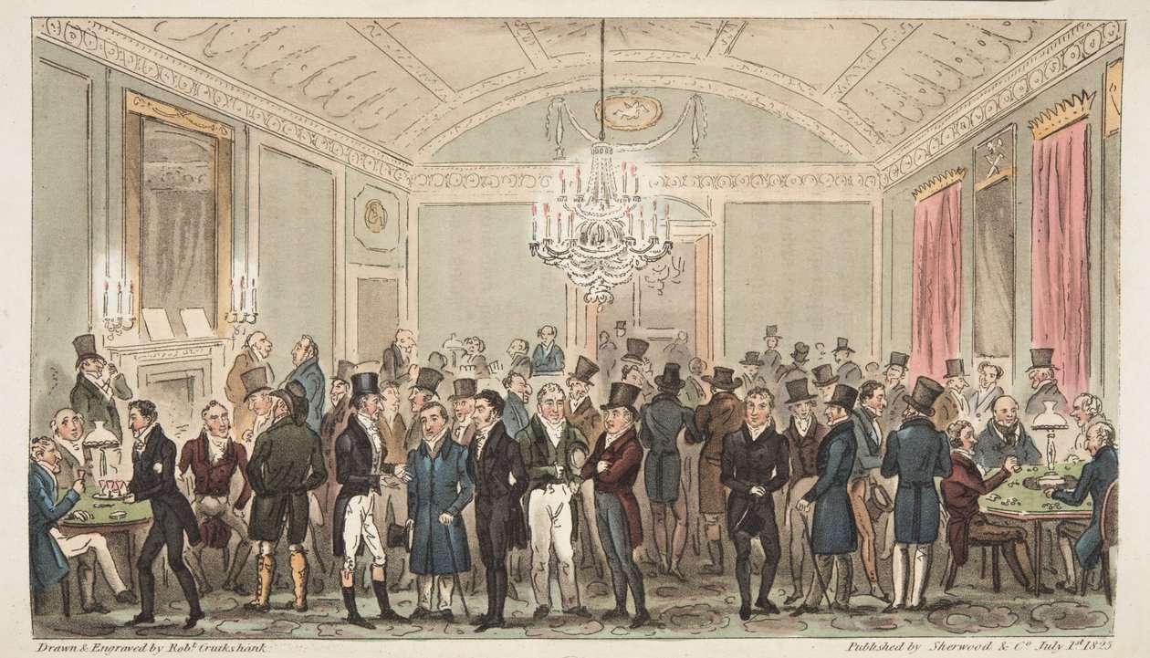 अंग्रेजी जासूस, पब से महान सदस्यता कक्ष ब्रूक्स में 1824 (हाथ के रंग का उत्कीर्णन) द्वारा आइजैक रॉबर्ट क्रूइशांक
