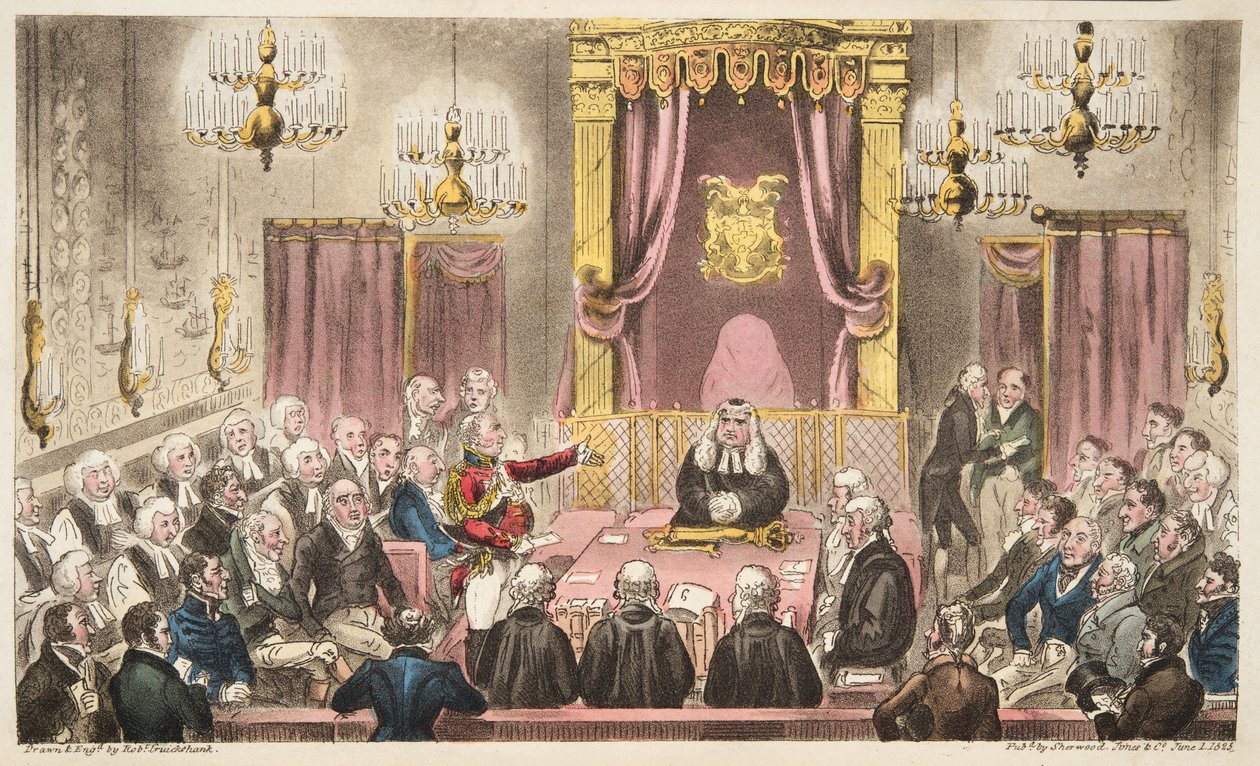 द हाउस ऑफ़ लॉर्ड्स इन हाई डिबेट, द इंग्लिश स्पाइ से, पब 1824 (हाथ के रंग का उत्कीर्णन) द्वारा आइजैक रॉबर्ट क्रूइशांक