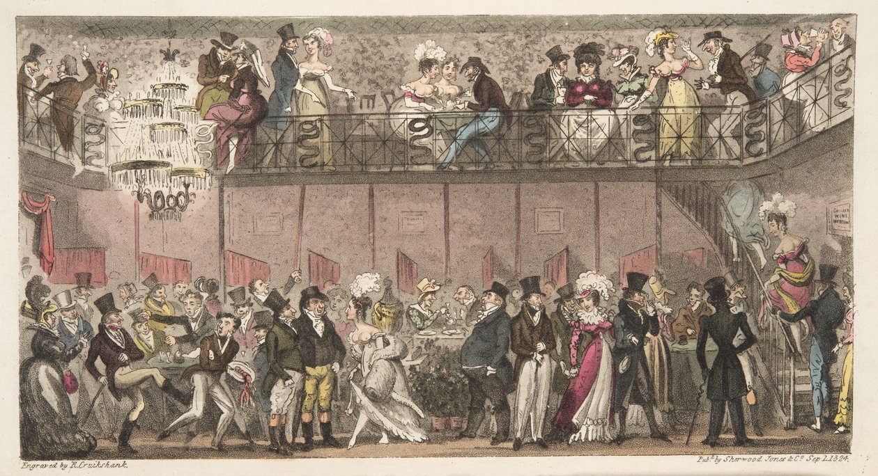 रॉयल स्पून, पिकाडिली, या ओपेरा के एक घंटे बाद, द इंग्लिश स्पाई से प्रकाशित 1824 (हाथ के रंग की नक्काशी) द्वारा आइजैक रॉबर्ट क्रूइशांक