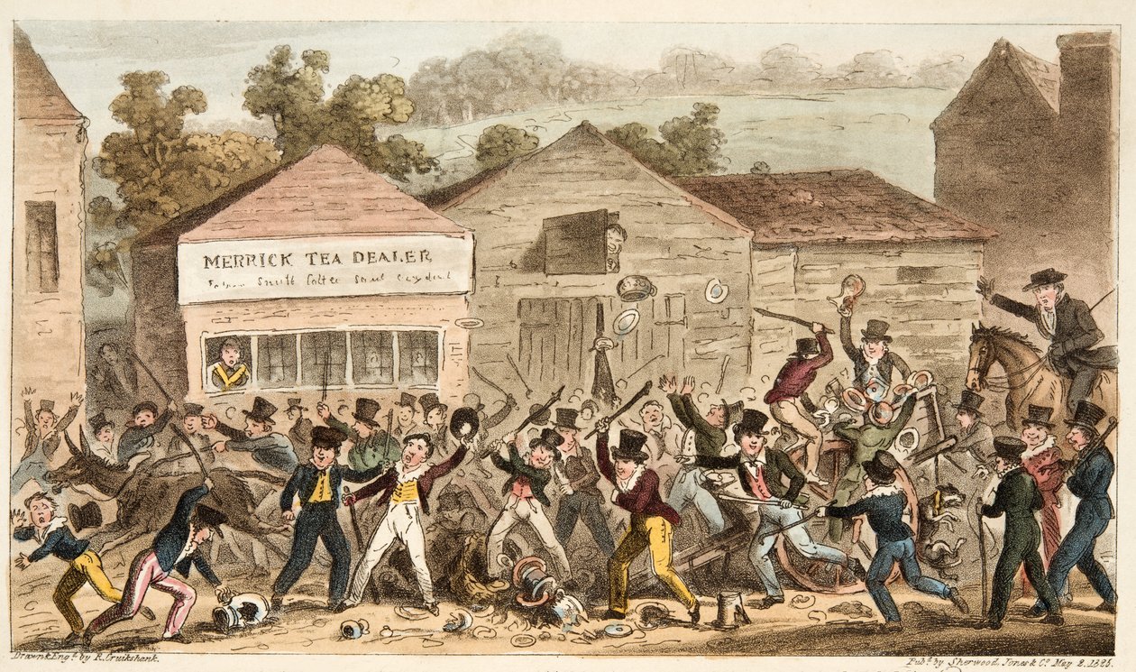 हैरो में चाय पॉट रो, या अंग्रेजी जासूस, पब से हॉग लेन की लड़ाई 1824 (हाथ के रंग का उत्कीर्णन) द्वारा आइजैक रॉबर्ट क्रूइशांक