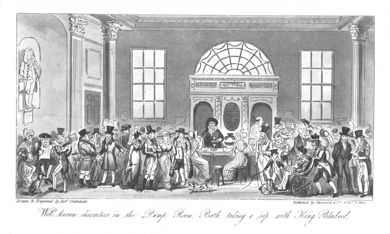 पम्प रूम, स्नानघर में जाने-माने चरित्र, राजा Bladud के साथ एक घूंट, 1825 द्वारा आइजैक रॉबर्ट क्रूइशांक