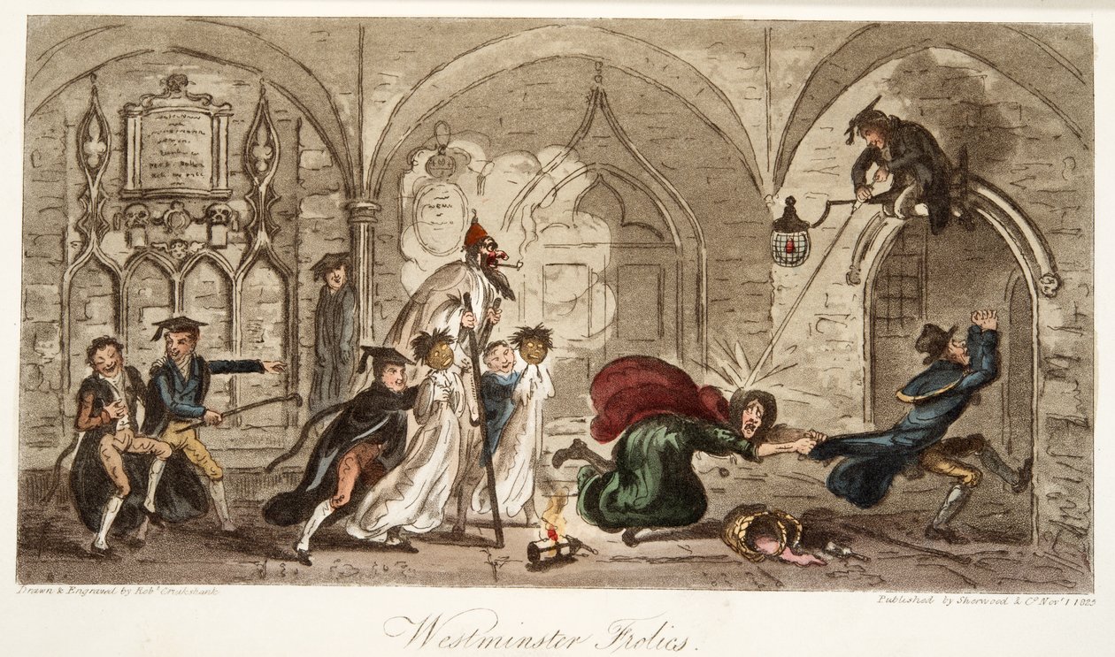 वेस्टमिंस्टर फ्रॉल्स, द इंग्लिश स्पाई, पब से। 1824 (हाथ के रंग का उत्कीर्णन) द्वारा आइजैक रॉबर्ट क्रूइशांक
