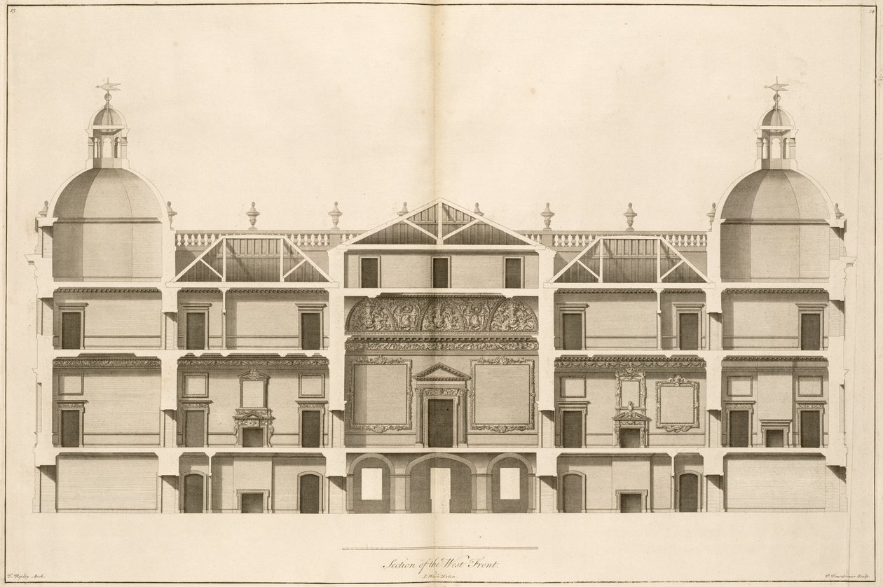 ह्यूटन हॉल: पियरे फोरड्रिनियर, 1735 द्वारा उकेरा गया पश्चिम का खंड द्वारा इसहाक वेयर