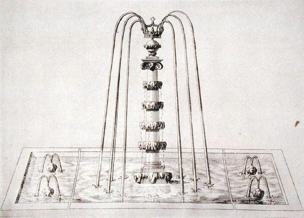 'विल्टन के बगीचे' से फव्वारा डिजाइन, c.1645 (उत्कीर्णन) द्वारा इसहाक डी कॉज