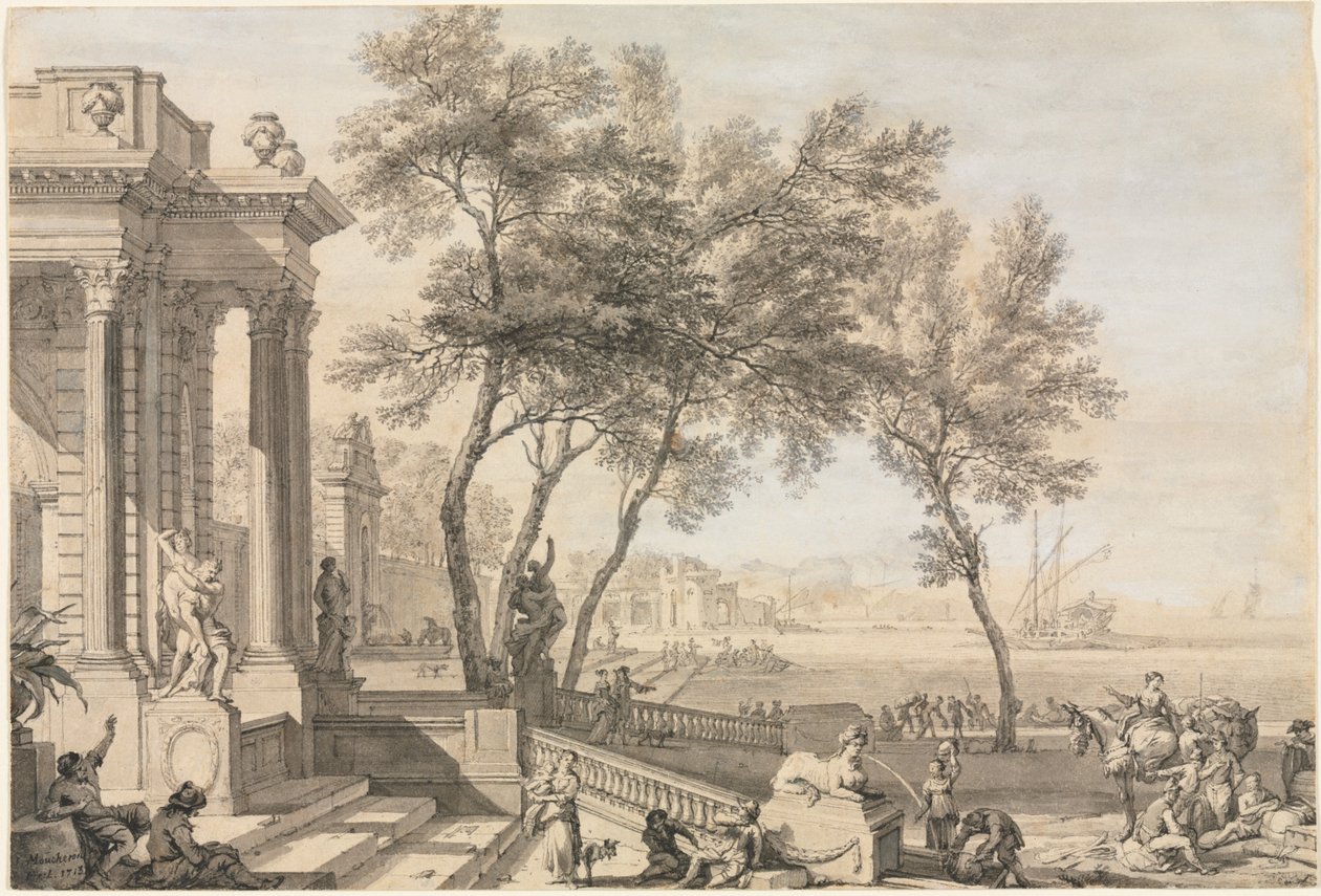 वास्तुकला और आंकड़े के साथ शानदार हार्बर दृश्य, 1713। द्वारा इसहाक डी मौचेरॉन