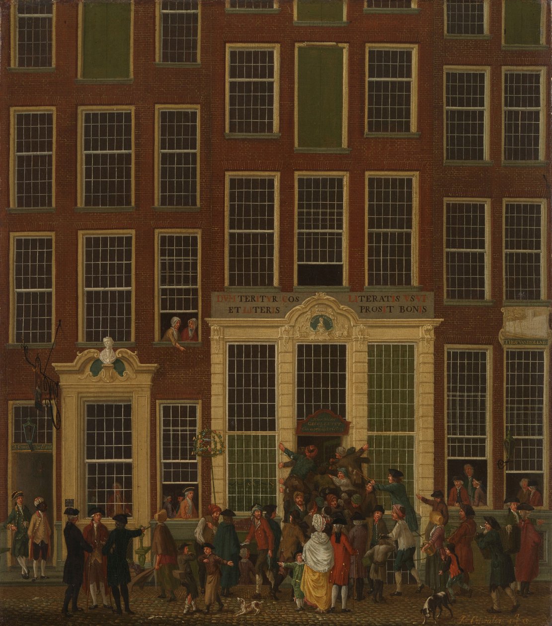 एम्स्टर्डम में Kalverstraat, 1779 में Jan de Groot की बुकशॉप और लॉटरी एजेंसी द्वारा इसहाक औवाटर