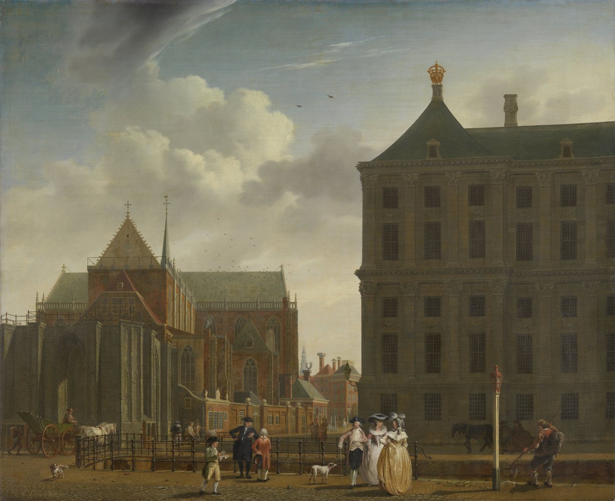 एम्स्टर्डम में बांध पर Nieuwe Kerk और टाउन हॉल, c.1780-90 द्वारा इसहाक औवाटर