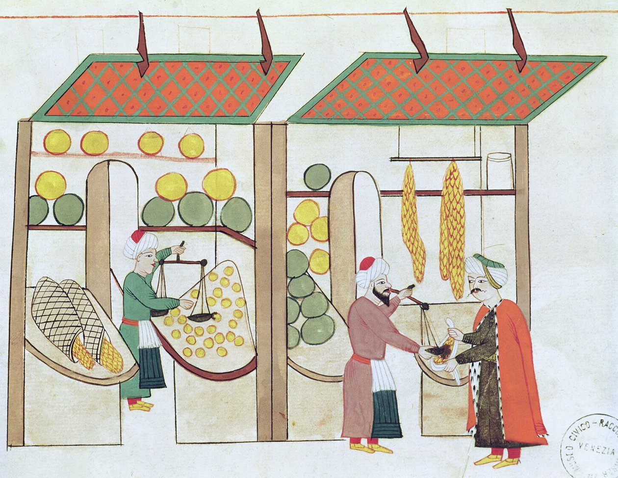 Ms.1671 दो फलों की दुकानें, c.1580 द्वारा इस्लामी स्कूल