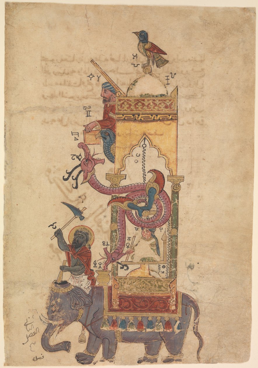 एल-जज़ारी, 1315 (स्याही, अपारदर्शी जल रंग, और कागज पर सोना) द्वारा सरल यांत्रिक उपकरणों के ज्ञान की एक पुस्तक से हाथी घड़ी द्वारा इस्लामी स्कूल