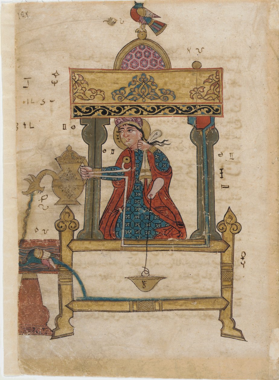 हाथ से धुलाई ऑटोमेटन फ्लश मैकेनिज्म के साथ, द बुक ऑफ इनजीनियस मैकेनिकल डिवाइसेस से फोलियो; अल-ज़ाज़री द्वारा, 1315 (कागज पर अपारदर्शी wc, स्याही और सोना) द्वारा इस्लामी स्कूल