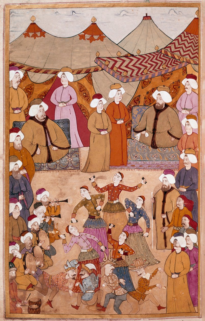इस्लामी कला: "" सुल्तान अहमत III की खुशी के लिए नृत्य (1673-1736)"" "सूरनामा" से लेवनी पेपर पर गौचे द्वारा इस्लामी स्कूल