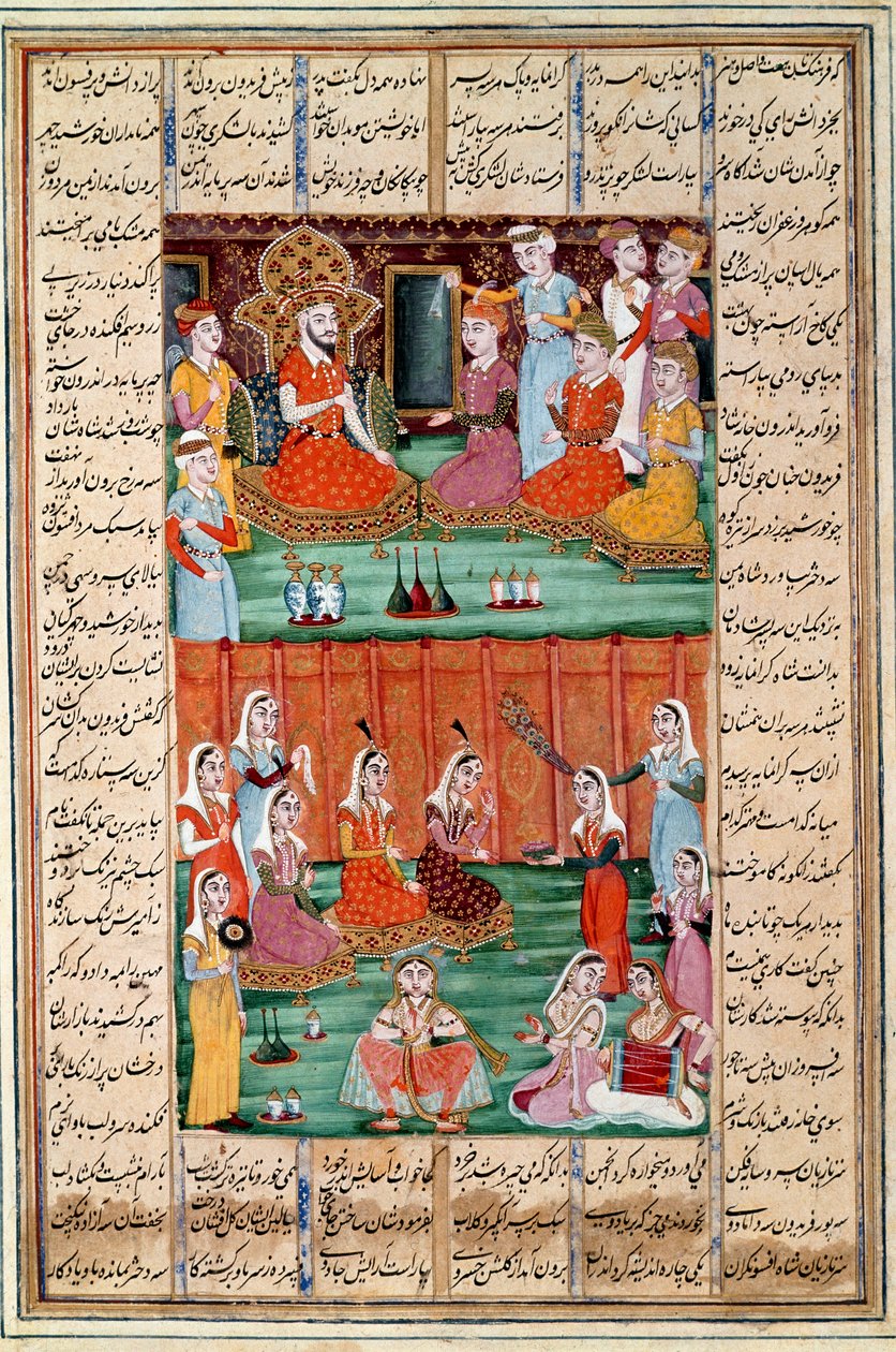 इस्लामी कला: "" यमन के राजा, सेरो की तीन बेटियों की शादी"" महाकाव्य कविता "" शाहनामा"" (शाहनामा, शाहनामा) (राजाओं की पुस्तक) की एक पांडुलिपि से फ़ारसी लघुचित्र फ़िरदौसी (फ़िरदौसी, या फ़िरदौसी) द्वारा , या फिरदौसी, ca द्वारा इस्लामी स्कूल