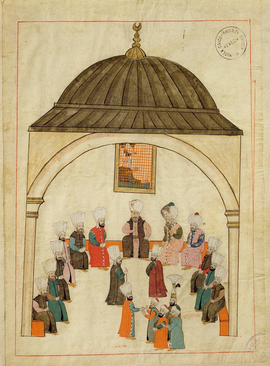 सुश्री सिसोगना 1971, टॉपिकापी पैलेस, कांस्टेंटिनोपल, c.1580 में इम्पीरियल हॉल का चित्रण करते हुए &39;मेमरी टर्सचे&39; से लघु द्वारा इस्लामी स्कूल