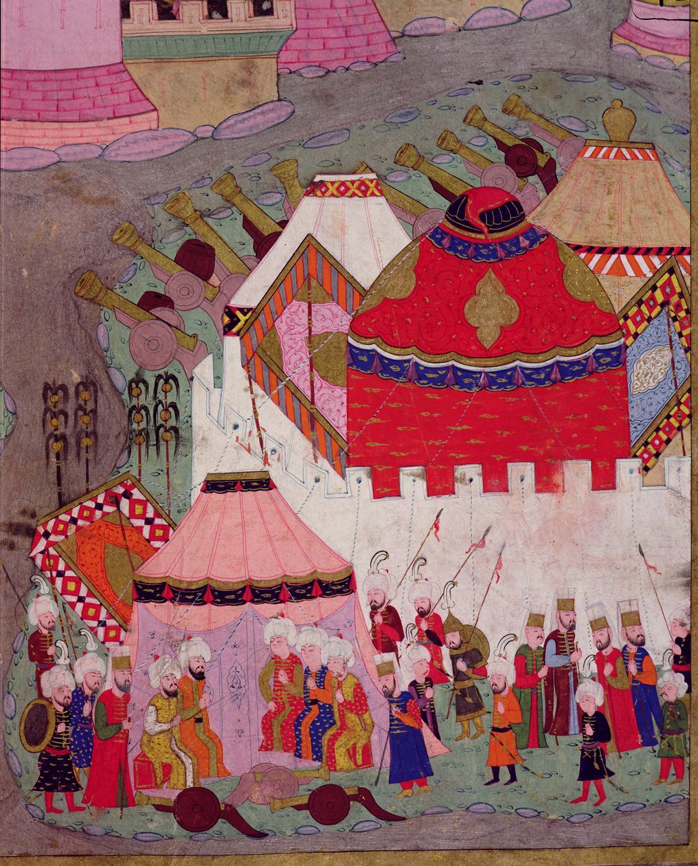 सुलेमान I (1494-1566) द्वारा विएना के TSM H.1524 घेराबंदी, 1529 में, लोकमान द्वारा &39;हुनरनाम&39; से, ओटोमन शिविर का विस्तार, 1588 द्वारा इस्लामी स्कूल