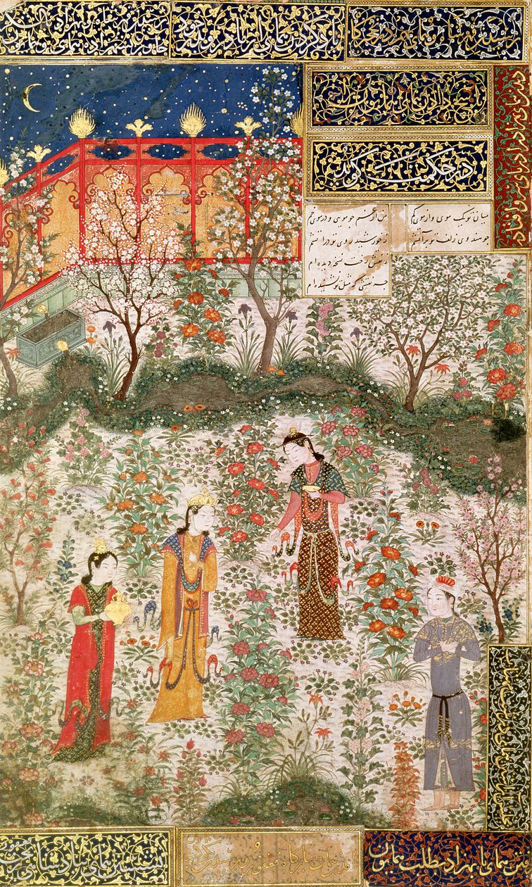 फारसी राजकुमार हुमाय ने चीनी राजकुमारी हुमायूँ से एक बगीचे में मुलाकात की, c.1450 द्वारा इस्लामी स्कूल