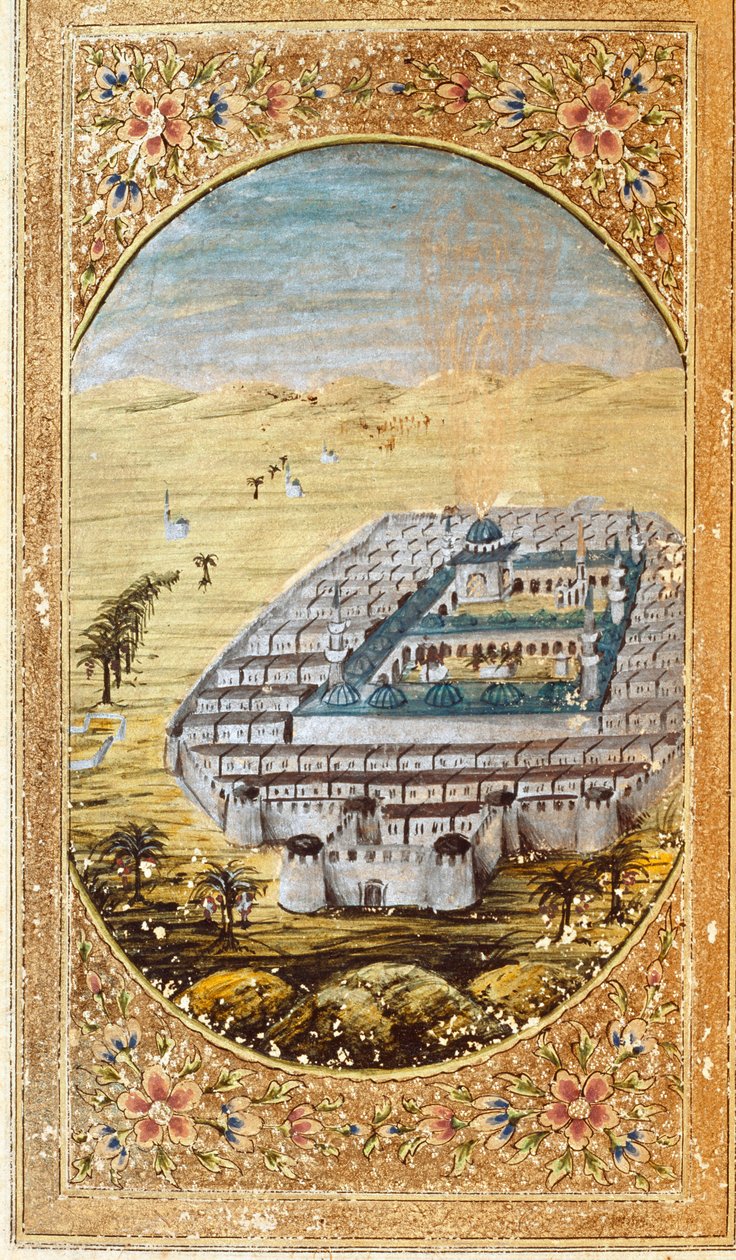 मक्का (ला मेक्के), मुस्लिम तीर्थस्थल और माउंट अराफात (अराफा), सऊदी अरब के मैदानों का दृश्य। कुरान के एक संस्करण से लिया गया पृष्ठ द्वारा इस्लामी स्कूल