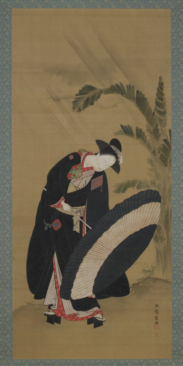 ग्रीष्मकालीन: एक युवा महिला छाता, ईदो अवधि, c.1772-80 (रेशम पर रंग und गोल्ड) द्वारा इसोडा कोरुसाई