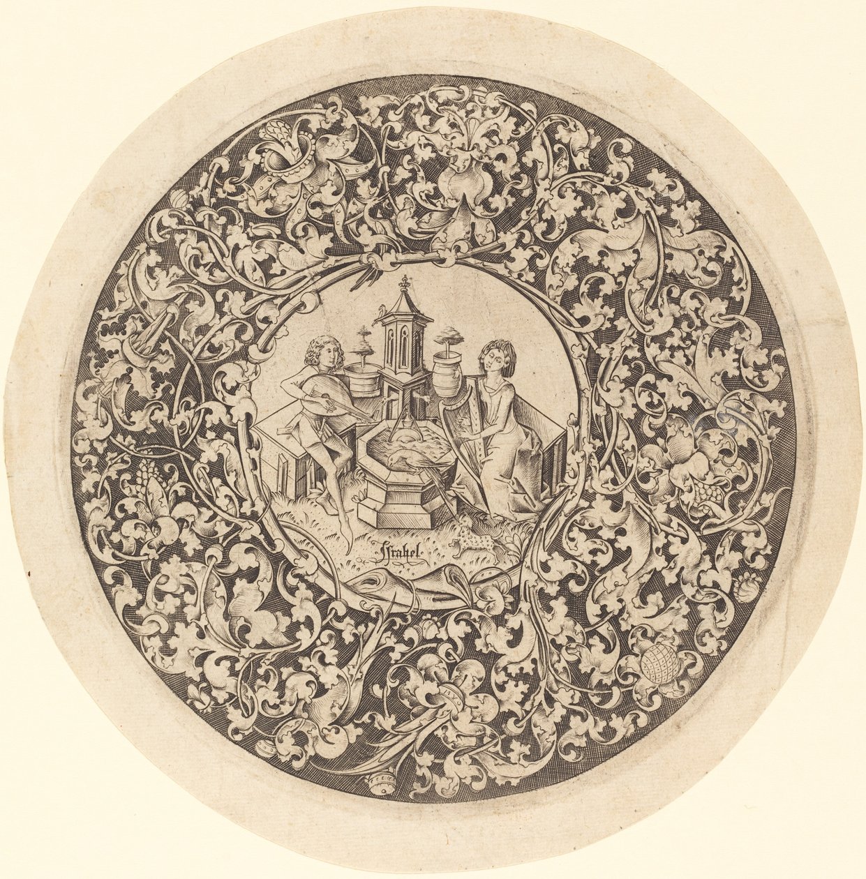 एक कुएँ के पास बजने वाले संगीतकारों के साथ गोलाकार आभूषण, c. 14951503. द्वारा इजरायल वैन मैक्केनम