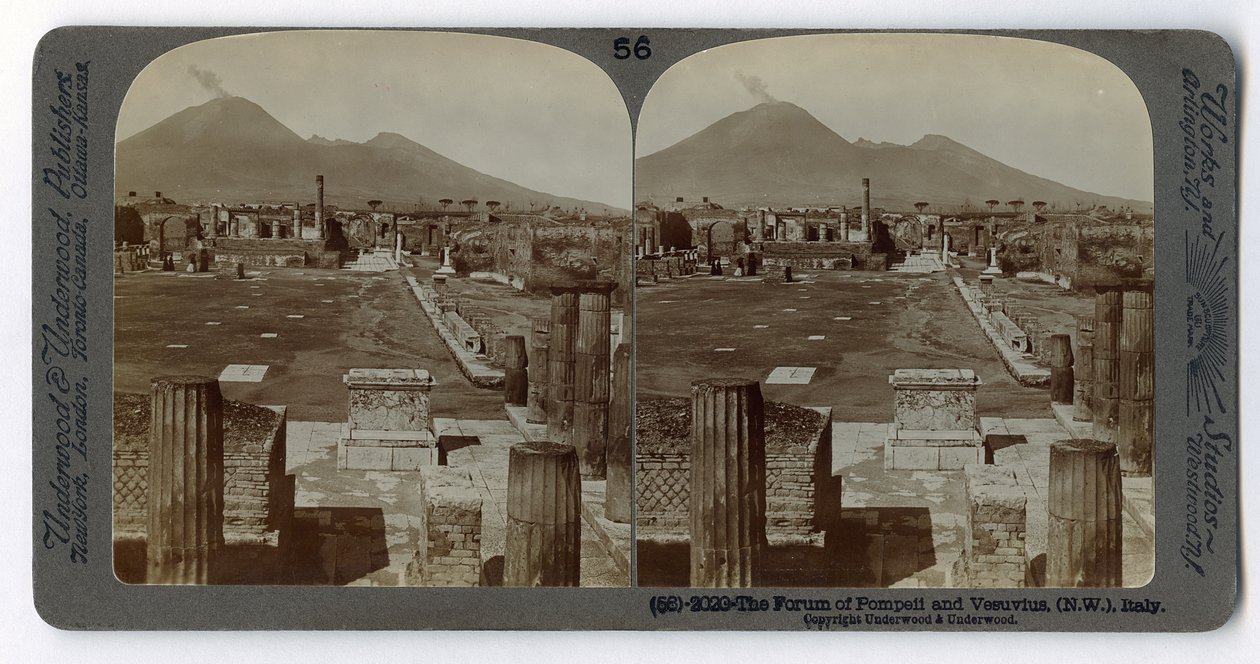अंडरवुड ट्रैवल लाइब्रेरी, 1895 (सेपिया फोटो) से पृष्ठभूमि में वेसुवियस के साथ पोम्पेई का फोरम द्वारा इतालवी फोटोग्राफर