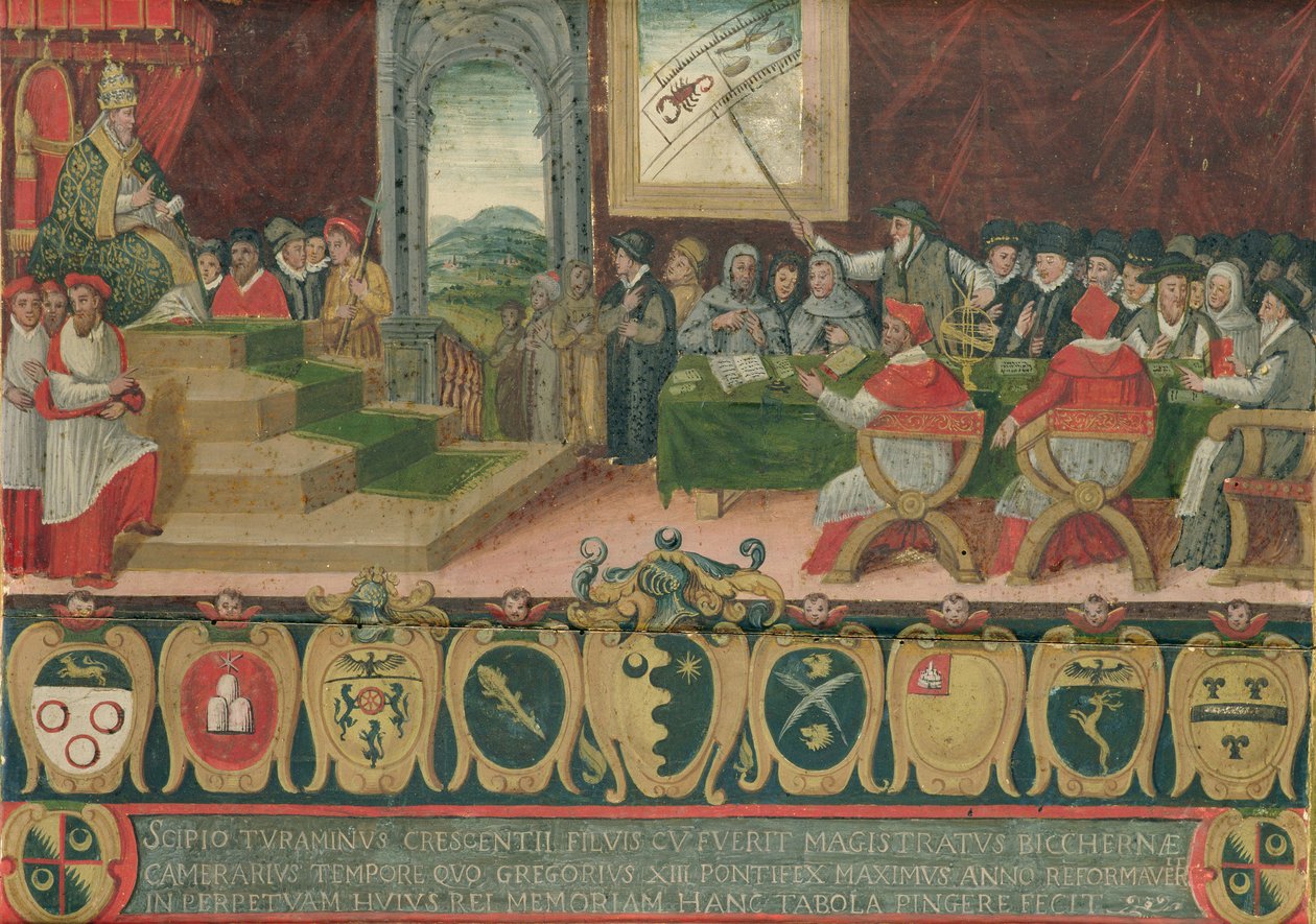 पोप ग्रेगरी XIII (1502-85) के तहत कैलेंडर के सुधार की चर्चा ग्रेगोरियन कैलेंडर, रोम द्वारा प्रतिस्थापित, 15 अक्टूबर 1582 (102626 भी देखें) द्वारा इतालवी स्कूल