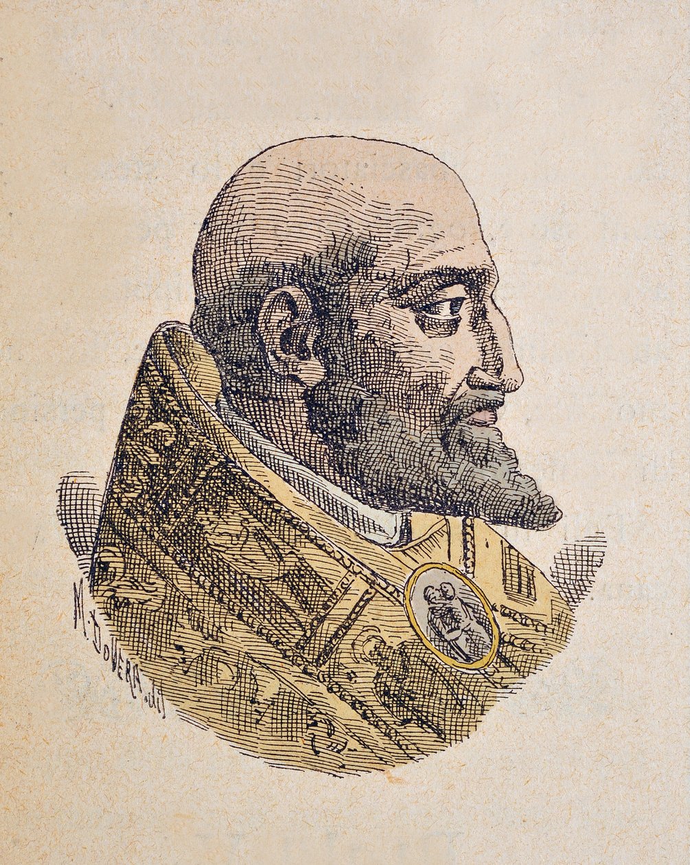 पोप क्लेमेंट VIII (क्लेमेंटे या क्लेमेंस) का पोर्ट्रेट (1592-1605), 1898 (बाद के रंग के साथ उत्कीर्णन) द्वारा इतालवी स्कूल