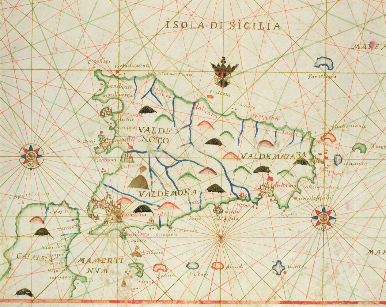 सिसिली और स्ट्रेट ऑफ़ मेसिना, नॉटिकल एटलस से, 1646 (वेल्लम पर स्याही) द्वारा इतालवी स्कूल